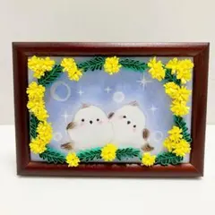 シマエナガちゃんとミモザのフレーム(ペーパークイリング&パステル)ブルー