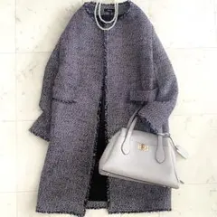 極美品 セオリー ノーカラーMIXカラーツイードコート ネイビー×ピンク S