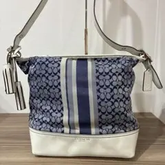 極美品 COACH コーチ シグネチャー 巾着 ショルダーバッグ レザー 水色