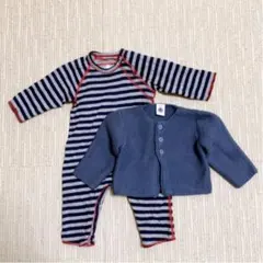 【プチバトー】ガーター編みニットカーディガン&ボーダー長袖ロンパース
