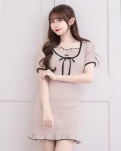 pium ワンピース ベージュ フロントリボンワッフルミニワンピース