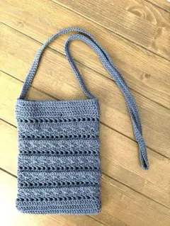 ハンドメイド かぎ針編み スマホショルダーバッグ　デニム調プルー