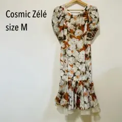 【昭和レトロ】コズミックゼレ　花柄　パフスリーブ　マーメイドワンピース　ドレス