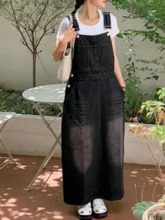 ブラックデニムサロペットワンピース L XL