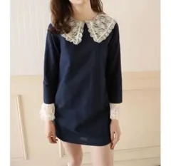 épine lace collar denim onepiece デニム ワンピのサムネイル