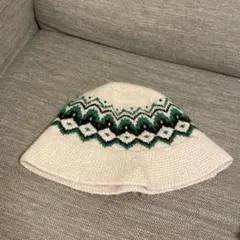 LOWRYSFARM バケット帽　ニット　ノルディック柄　緑