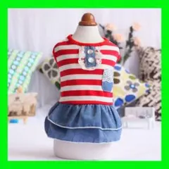 【新品】ペット服　ボーダーワンピース　デニム風　犬服　猫服 レッド　XS
