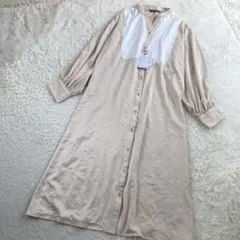 OFALO 新品✨️ サテン調長袖シャツワンピース ベージュ Lサイズ