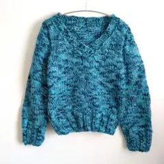 青系 グラデーション Vネック ニット セーター 長袖 トップス 厚手