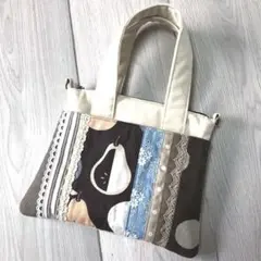 ハンドメイド新品＊2way生成りキャンバスと茶系パッチワークデザイントートバッグ