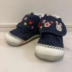 ミキハウス ベビーシューズ 12cm ネイビー うさぎ 花 刺繍 女の子