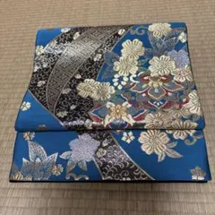 青色金色花柄帯　美品