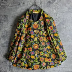 【ヴィンテージ】古着 ノーカラー ジャケット 総柄 花柄 マルチカラー レトロ