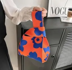 ニット バッグ フラワー オレンジ ブルー マリメッコ風