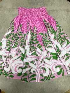 フラダンス用パウスカート ピンクと緑の葉模様