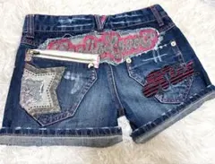 00s Y2K 平成ギャル　グランジ　姫ギャル　ラメ刺繍　デニムショートパンツ