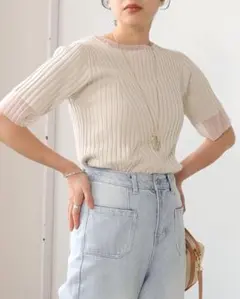 新品 Bab tシャツ シアー使い5分袖リブニットトップス アイボリーのサムネイル