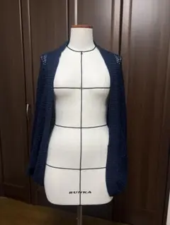 ネイビー 透かし編み ラメ入り長袖カーディガン