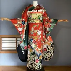 振袖フルセット 朱色手描き友禅 ブルーたたき染め 成人式振袖 - メルカリ