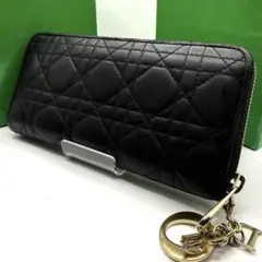 ディオール 長財布 カナージュ ラムスキン ラウンドジップ ロゴチャーム 黒