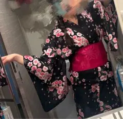 レディース 浴衣 帯セット 黒地 桜柄