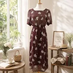 COCO DEAL 花柄 シフォン ロングワンピース ボルドー