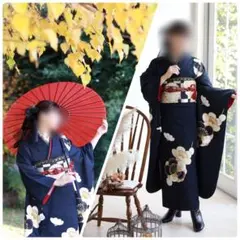 美品希少成人式振袖フルセット正絹豪華一式高級モダンシンプル紺赤チェッカー黒金人気