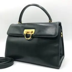 美品 フェラガモ 2way ショルダーバッグ ガンチーニ レザー ダークグリーン