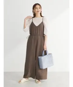 値下げグリーンパークス　冷やっとすずやかウエストドロストサロペット 　茶Fのサムネイル