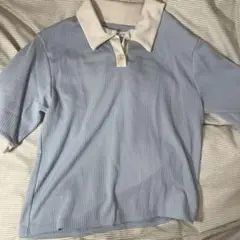 水色とベージュのストライプ 半袖ポロシャツ