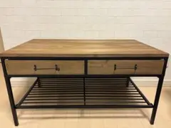 【新品※ワケあり】折り畳み男前インテリア木目ウッドアイアンローテーブル