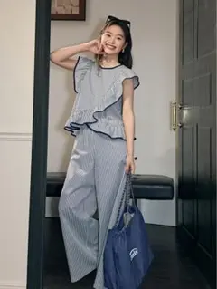 KUOSE ストライプ フリル ノースリーブ トップス