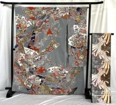 極上】☆振袖( 縮緬地 ☆紅型)＋袋帯の2点セット 熨斗模様✭成人式 