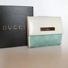 箱付き GUCCI ミニ財布 GGライン キャンバス 二つ折り 水色 白 ロゴ