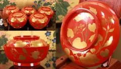 BK128　時代輪島塗　草花図金蒔絵　吸物椀　五客　木製　茶道具 懐石 菓子