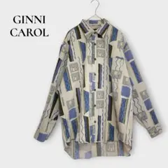 GINNI CAROL 長袖シャツ 総柄 幾何学 動物 ポロシャツ M 青系のサムネイル