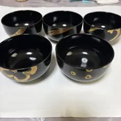 和食器 汁椀 5客セット 黒地 金彩 漆器風　直径11.5cmのサムネイル