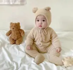 ベージュ クマ耳付きロンパース