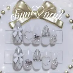 ネイルチップNo.46 白ホワイトグレーチェック量産地雷推し韓国ワンホンちゅるん