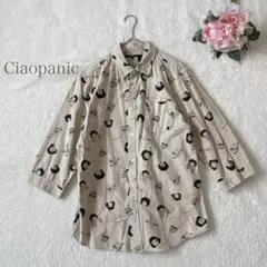 チャオパニック　総柄シャツ　7分袖　人物 イラスト 綿100% メンズ　Lサイズ