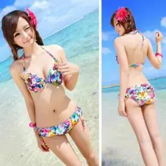 セクシーで健康的なカラフルなフリルつきバンドゥ花柄ビキニ