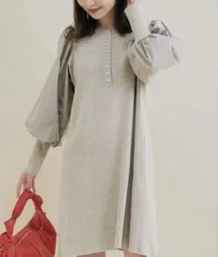 【迅速対応】【美品】VIS グレー リブニットワンピース 長袖 パフスリーブ