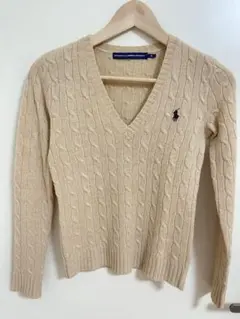 Ralph Lauren ベージュ Vネック ケーブルニットセーター S
