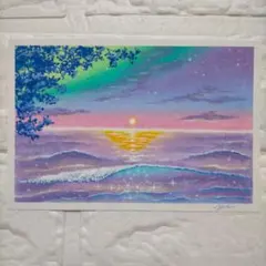 幻想的な海の風景画 朝日 オイルパステル画原画 ハガキサイズ 絵画
