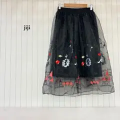 チュールスカート シアー 総柄 刺繍 黒 ウエストゴム 大人可愛 マルチカラー