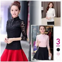 【セール価格】総レースカットソー  スタンドカラー ボタン付 花柄 シースルー