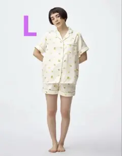 サテンパジャマ(半袖&ショートパンツ)レモン Lサイズ
