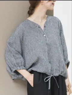 美品＊中川政七商店 リネンボタンワンピース 厚手麻 Vネック ダスティ