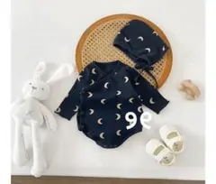 韓国子供服 ロンパース カバーオール 月柄 帽子 ベビー 新品