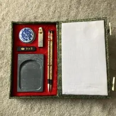 ミニ習字道具セット　和式文箱 硯・筆・印材・朱肉・墨セット　布張り箱入り